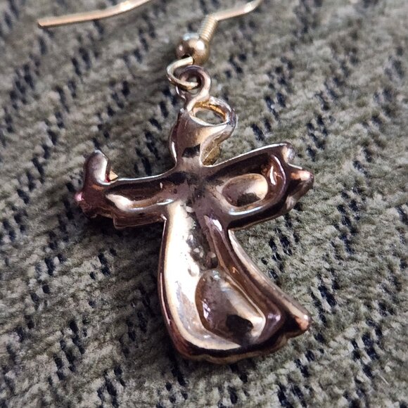 Vintage Angel Dangle Loop Earrings White Enamel Pearl Red Rhinestone Spiritual - Picture 3 of 4